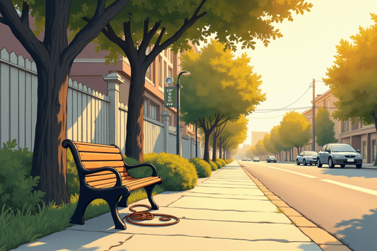 Sunlit corner at Maple & Main with a park bench and leashes.